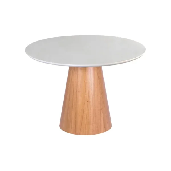 Mesa de Jantar Cone Redonda 80 cm - Lâmina de Madeira Cinamomo e Laca Branca com Vidro