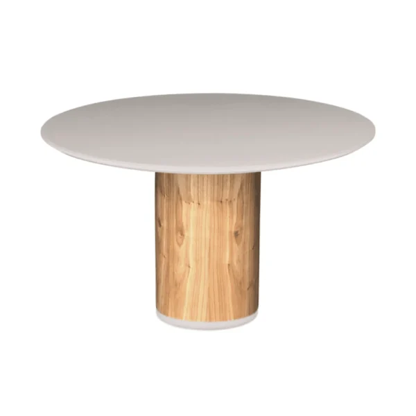 Mesa de Jantar Noêmia Redonda 120 cm com Base em Madeira e Tampo Laca Off White com Vidro