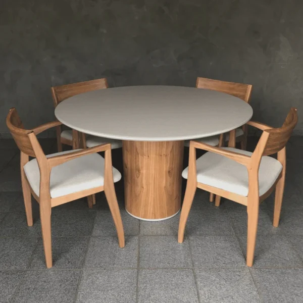 Mesa de Jantar Noêmia Redonda 120 cm com Base em Madeira e Tampo Laca Off White com Vidro - Imagem 2