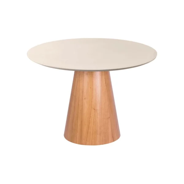Mesa de Jantar Cone Redonda 90 cm - Lâmina de Madeira Cinamomo e Laca Off White com Vidro