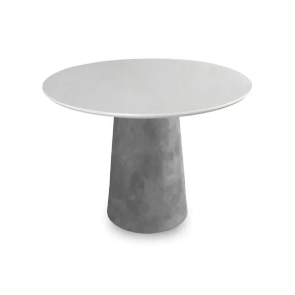 Mesa de Jantar Cone Redonda 90 cm - Cimento Queimado e Tampo em Laca Branca Vidro