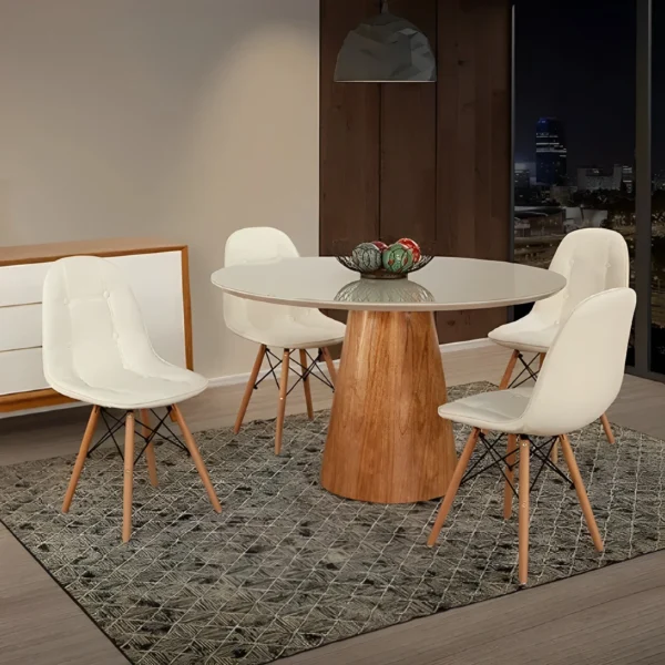 Mesa de Jantar Cone Redonda 107 cm - Lâmina de Madeira Cinamomo e Laca Off White com Vidro - Imagem 2