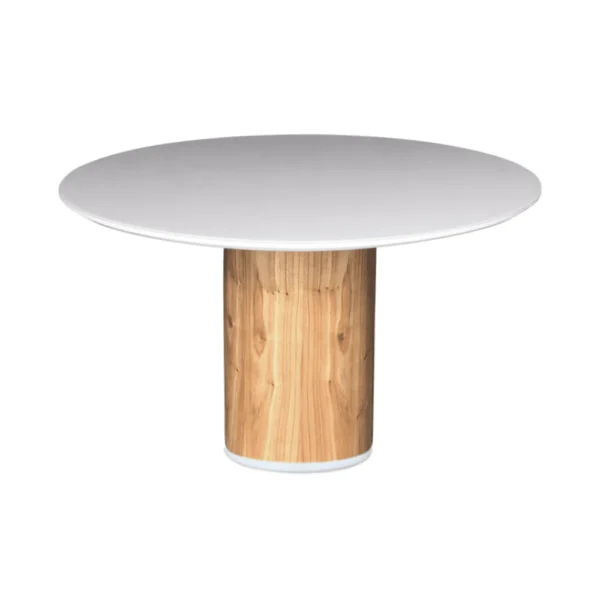 Mesa de Jantar Noêmia Redonda 107 cm com Base em Madeira e Tampo Laca Branca com Vidro