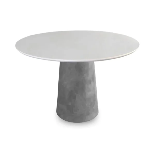 Mesa de Jantar Cone Redonda 107 cm - Cimento Queimado e Tampo em Laca Branca Vidro