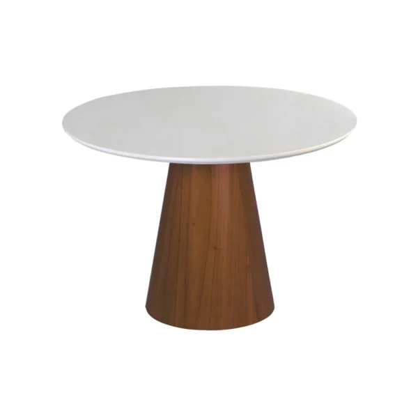 Mesa de Jantar Cone Redonda 90 cm - Lâmina de Madeira Cinamomo Castanho e Laca Branca com Vidro