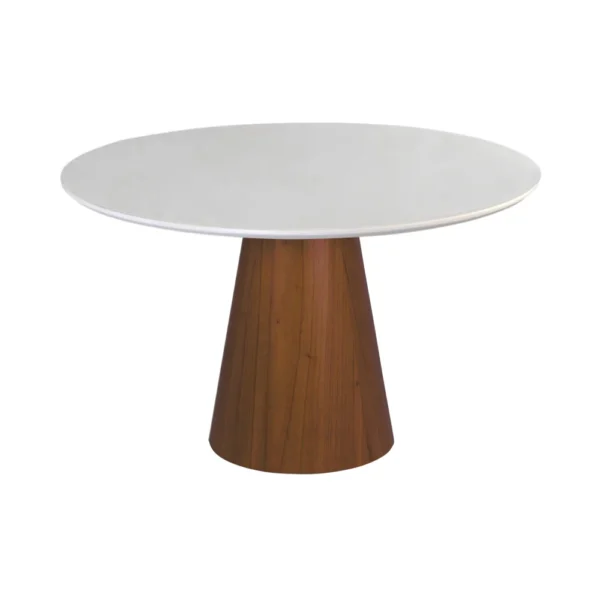 Mesa de Jantar Cone Redonda 107 cm - Lâmina de Madeira Cinamomo Castanho e Laca Branca com Vidro