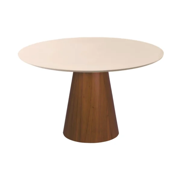 Mesa de Jantar Cone Redonda 107 cm - Lâmina de Madeira Cinamomo Castanho e Laca Off White com Vidro