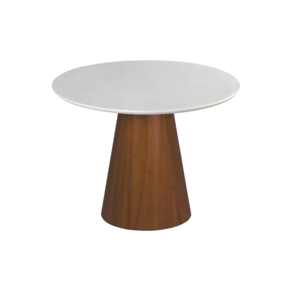Mesa de Jantar Cone Redonda 80 cm - Lâmina de Madeira Cinamomo Castanho e Laca Branca com Vidro