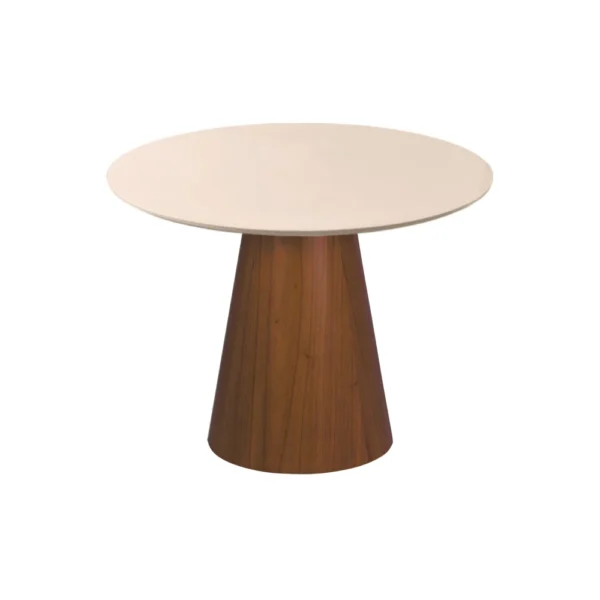 Mesa de Jantar Cone Redonda 80 cm - Lâmina de Madeira Cinamomo Castanho e Laca Off White com Vidro