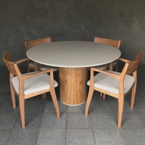 Mesa de Jantar Noêmia Redonda 107 cm com Base em Madeira e Tampo Laca Off White com Vidro - Imagem 2