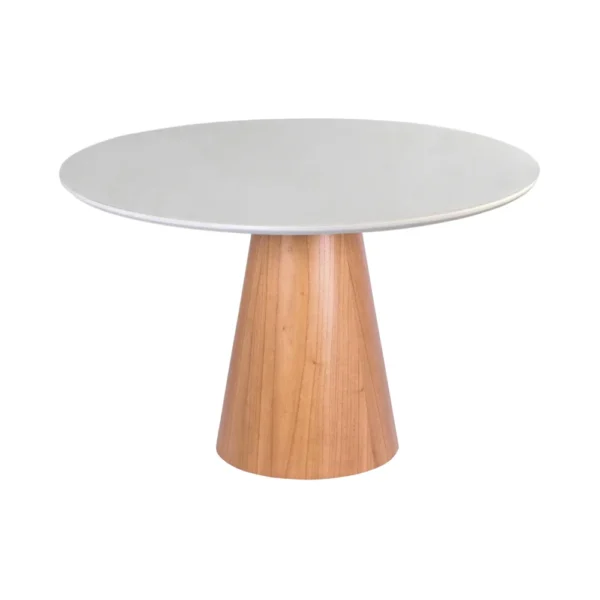 Mesa de Jantar Cone Redonda 107 cm - Lâmina de Madeira Cinamomo e Laca Branca com Vidro