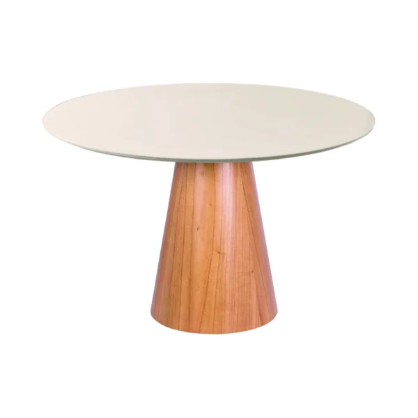 Mesa de Jantar Cone Redonda 107 cm - Lâmina de Madeira Cinamomo e Laca Off White com Vidro