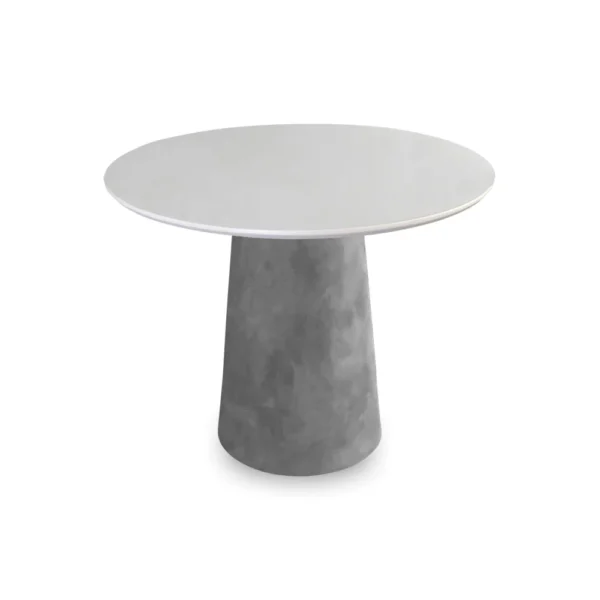 Mesa de Jantar Cone Redonda 80 cm - Cimento Queimado e Tampo em Laca Branca Vidro